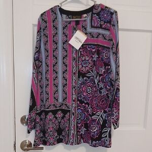 Bob Mackie Multicolor Floral and Stripe Long Sleeve Top